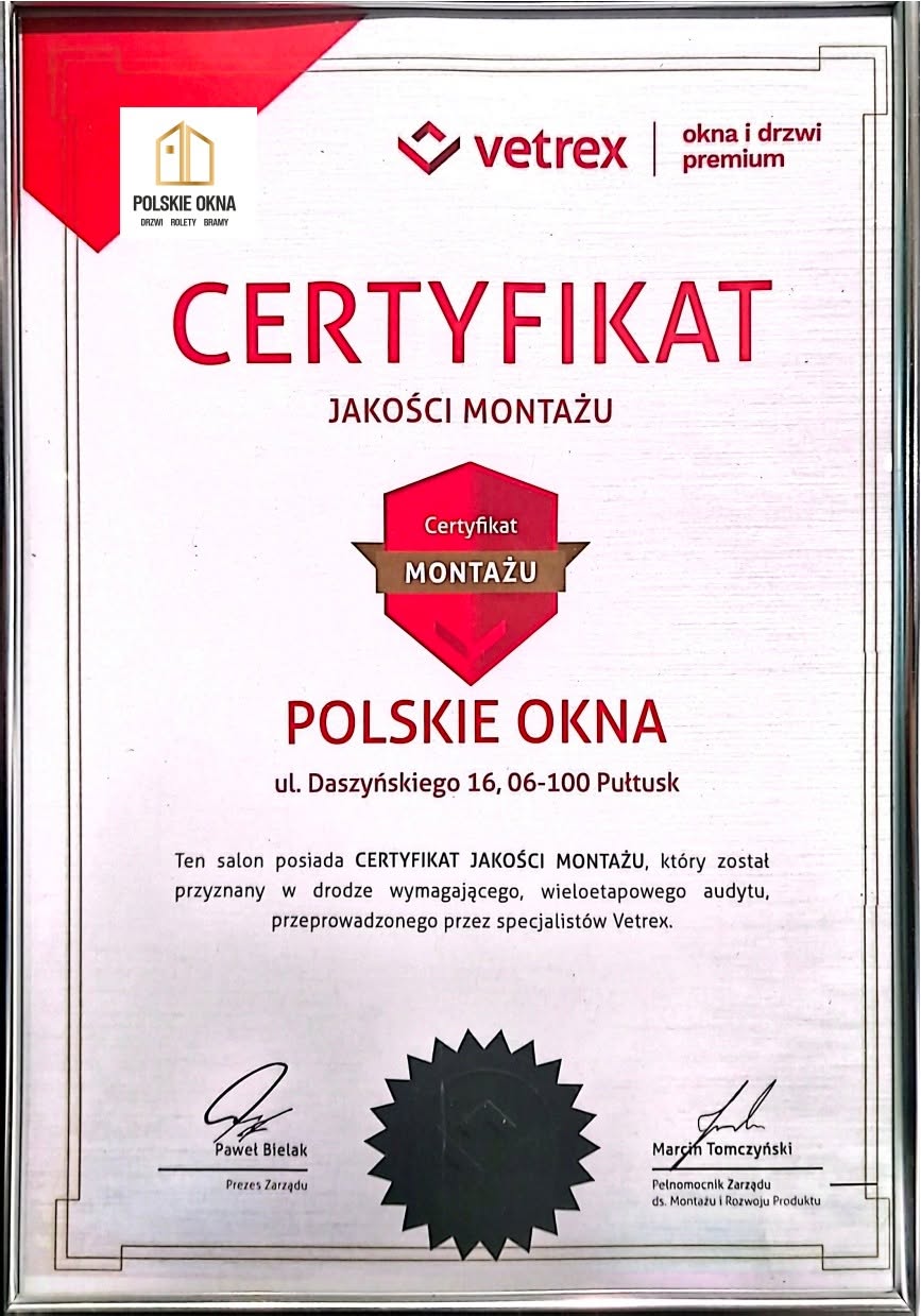 Certyfikat Jakości Montażu VETREX – Polskie OKNA Pułtusk